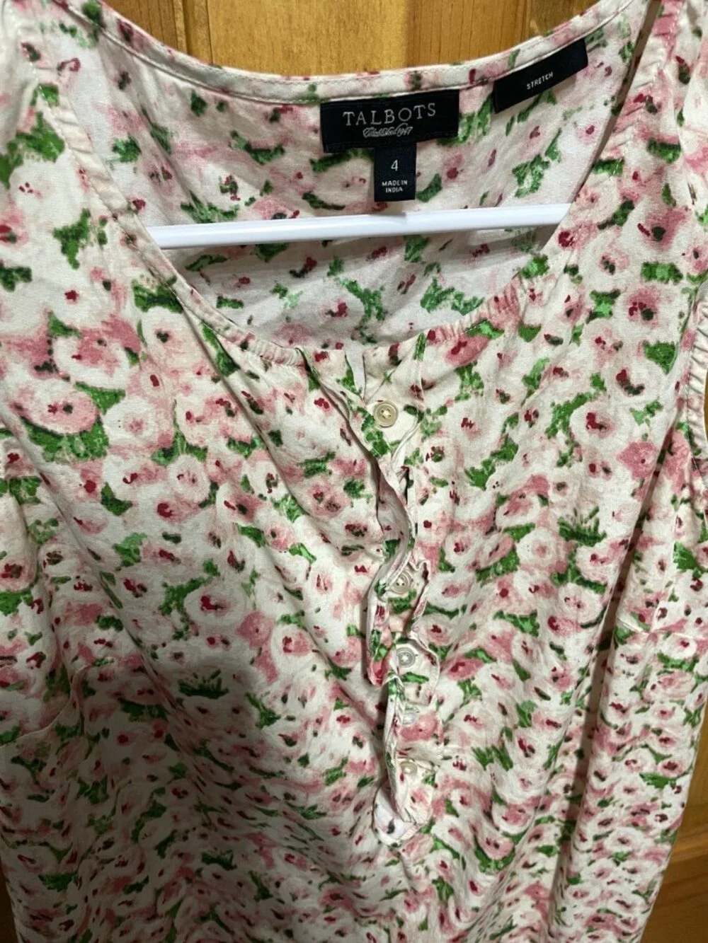 Talbots Stretch Floral Sleeveless Top Smocked Back Girly Ruffle Button Front, 4 - Picture 3 of 6